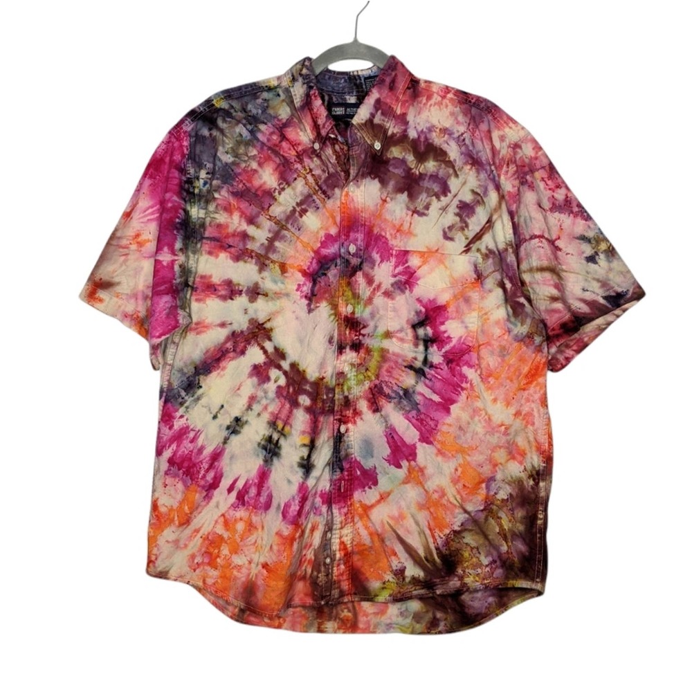 Vintage Faded Glory Custom Ice Tie Dye Swirl Art Beach Summer Button Shirt Top